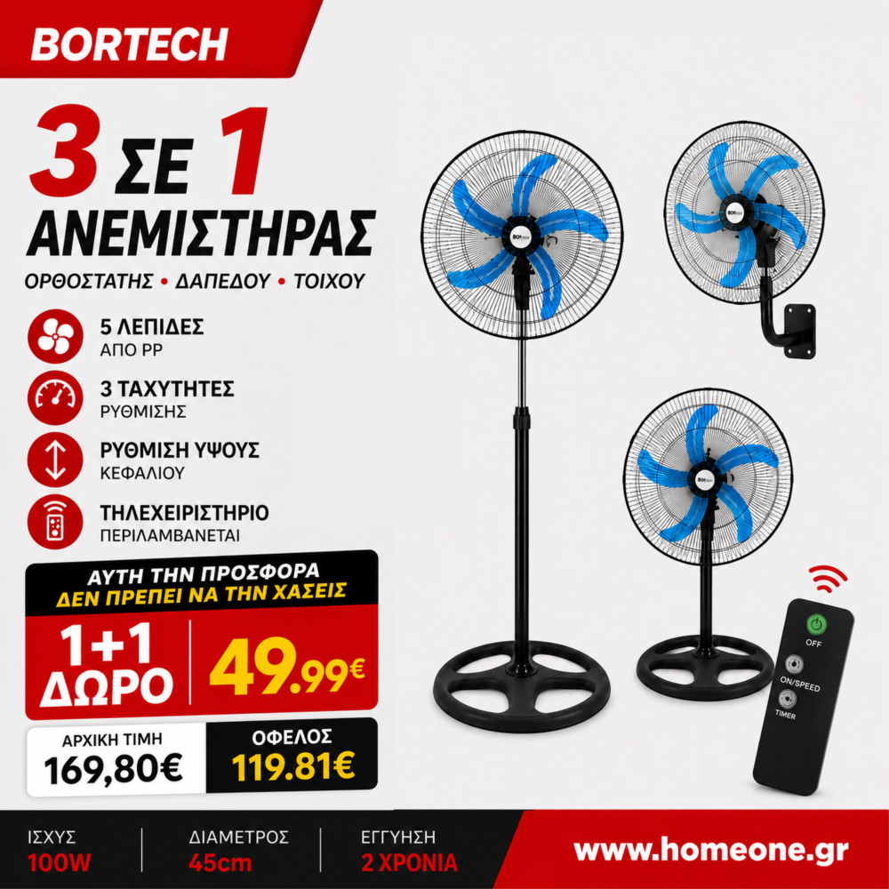 1+1 ΔΩΡΟ BORTECH 3 σε 1 Ανεμιστήρας ορθοστάτης δαπέδου 100W με διάμετρο 45cm 5 λεπίδες τηλεχειριστήριο FS45-1 1+1 ΔΩΡΟ BORTECH 3 σε 1 Ανεμιστήρας ορθοστάτης δαπέδου 100W με διάμετρο 45cm 5 λεπίδες τηλεχειριστήριο FS45-1