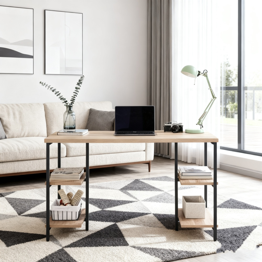 Μοντέρνο Γραφείο με Μεταλλικό Σκελετό & Πλαϊνά Ράφια Αποθήκευσης – Ξύλινη Επιφάνεια σε Φυσική Απόχρωση – Ιδανικό για Home Office 120x60x75cm