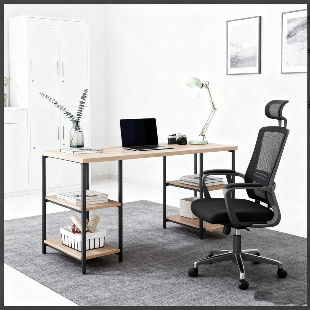 Μοντέρνο Γραφείο με Μεταλλικό Σκελετό & Πλαϊνά Ράφια Αποθήκευσης – Ξύλινη Επιφάνεια σε Φυσική Απόχρωση – Ιδανικό για Home Office 120x60x75cm