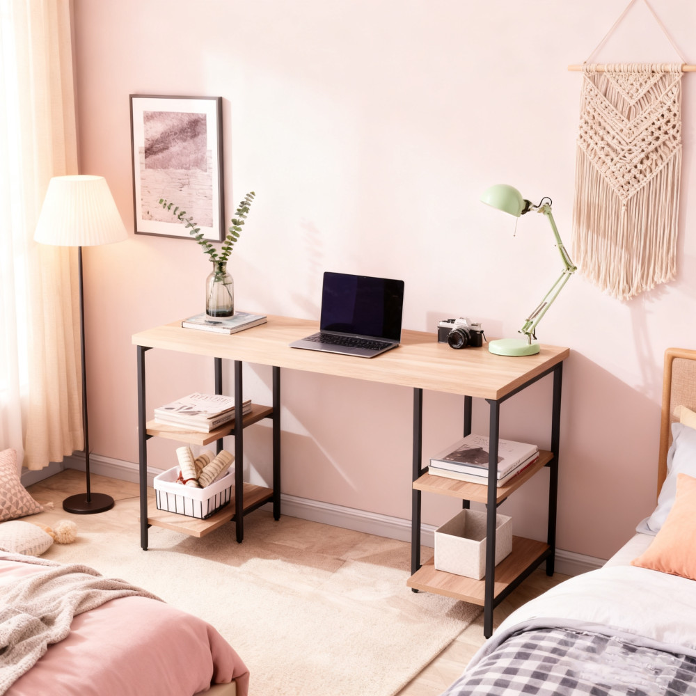 Μοντέρνο Γραφείο με Μεταλλικό Σκελετό & Πλαϊνά Ράφια Αποθήκευσης – Ξύλινη Επιφάνεια σε Φυσική Απόχρωση – Ιδανικό για Home Office 120x60x75cm
