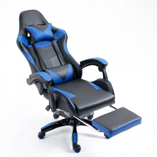 Καρέκλα Gaming – τεχνόδερμα με υποπόδιο ΜΠΛΕ-ΜΑΥΡΟ 118-128x62x62εκ