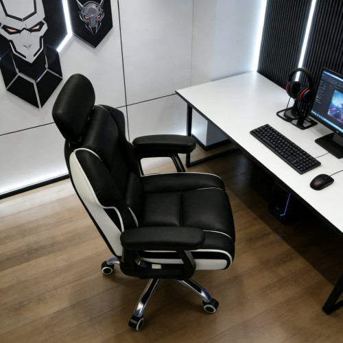 Καρέκλα Γραφείου XL Διευθυντική με μπράτσα & ανάκληση πλάτης - προσκέφαλο Δερματίνης Μαύρη 110-120x60x60cm