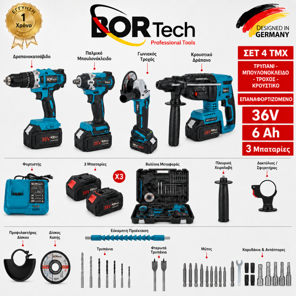 BORTECH ΣΕΤ 4 ΣΕ 1 ΚΑΣΕΤΙΝΑ ME ΜΠΟΥΛΟΝΟΚΛΕΙΔΟ,ΤΡΟΧΟΣ 125MM,ΚΡΟΥΣΤΙΚΟ ΔΡΑΠΑΝΟΚΑΤΣΑΒΙΔΟ KAI ΣΚΑΠΤΙΚΟ 3ΜΠΑΤΑΡΙΕΣ  36V 6AH