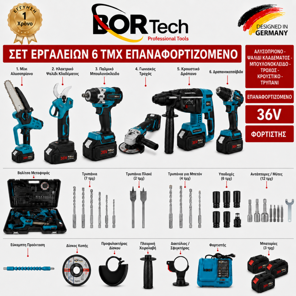 BORTECH ΣΕΤ 6 ΣΕ 1 ΚΑΣΕΤΙΝΑ ME ΜΠΟΥΛΟΝΟΚΛΕΙΔΟ,ΤΡΟΧΟΣ 125MM,ΚΡΟΥΣΤΙΚΟ ΔΡΑΠΑΝΟΚΑΤΣΑΒΙΔΟ ,ΣΚΑΠΤΙΚΟ, ΠΡΙΟΝΙ ΚΑΙ ΨΑΛΙΔΙ ΚΛΑΔΕΜΑΤΟΣ  3ΜΠΑΤΑΡΙΕΣ  36V 6AH