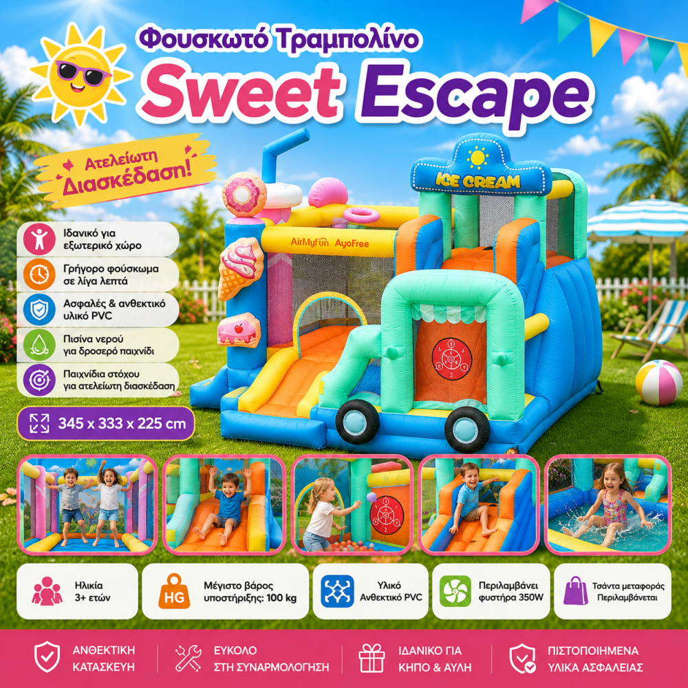 Φουσκωτό Τραμπολίνο Sweet Escape με Διπλή Τσουλήθρα, Χώρο Αναπήδησης & Διαδραστικό Παιχνίδι Στόχου 345×333×225 cm