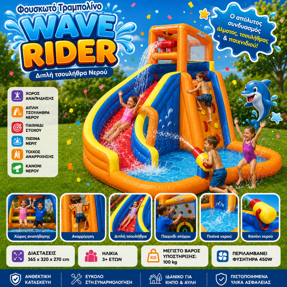 Φουσκωτό Τραμπολίνο Wave Rider με Διπλή Τσουλήθρα Νερού, Πισίνα & Χώρο Δραστηριοτήτων 365×320×270 cm