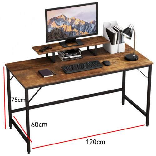 Ευρύχωρο Γραφείο Υπολογιστή με Υπερυψωμένο Ράφι Οθόνης και Μεταλλικά Πόδια 120x60x73cm