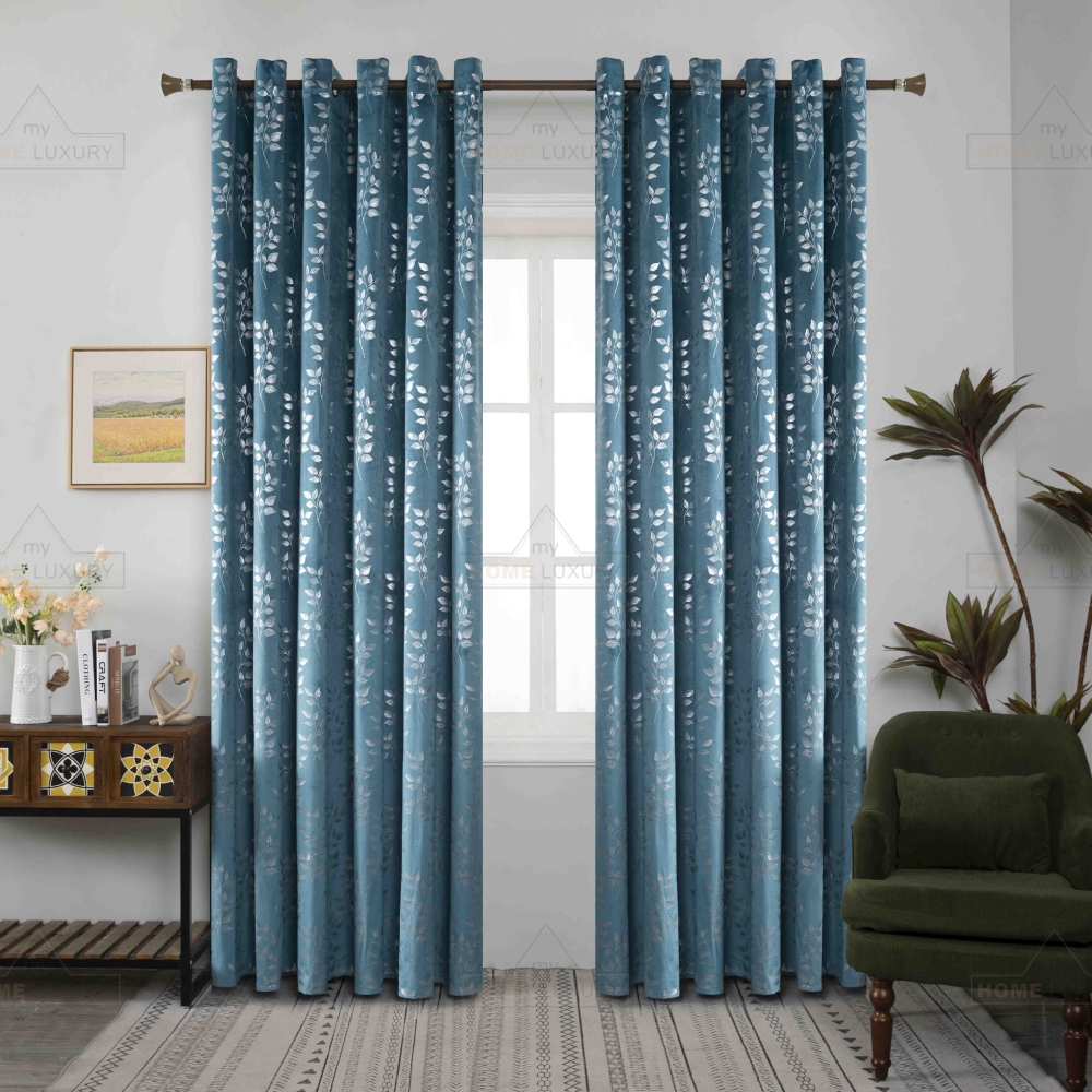 Κουρτίνα Σκίασης Βελούδινη Μπλε Με Φύλλα Με Κρίκο 275x260cm 8033-5