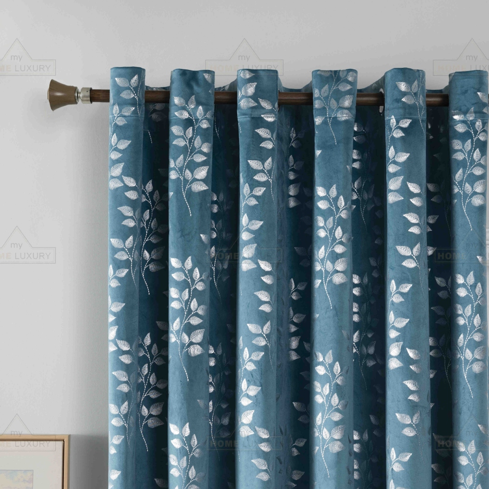 Κουρτίνα Σκίασης Βελούδινη Μπλε Με Φύλλα Με Κρίκο 275x260cm 8033-5