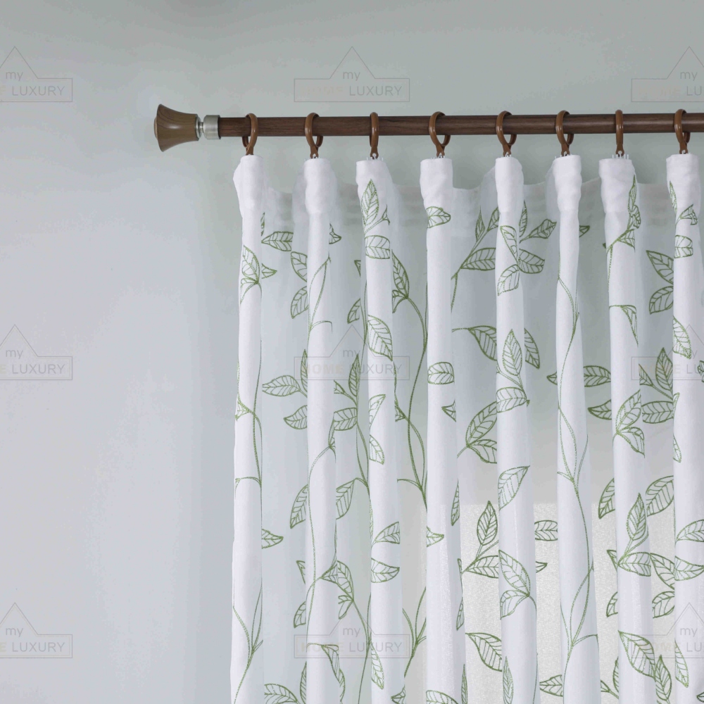 Κουρτίνα Leaves Λευκή με Πράσινο Κέντημα Με Τρέσα 270x270cm 6020-1