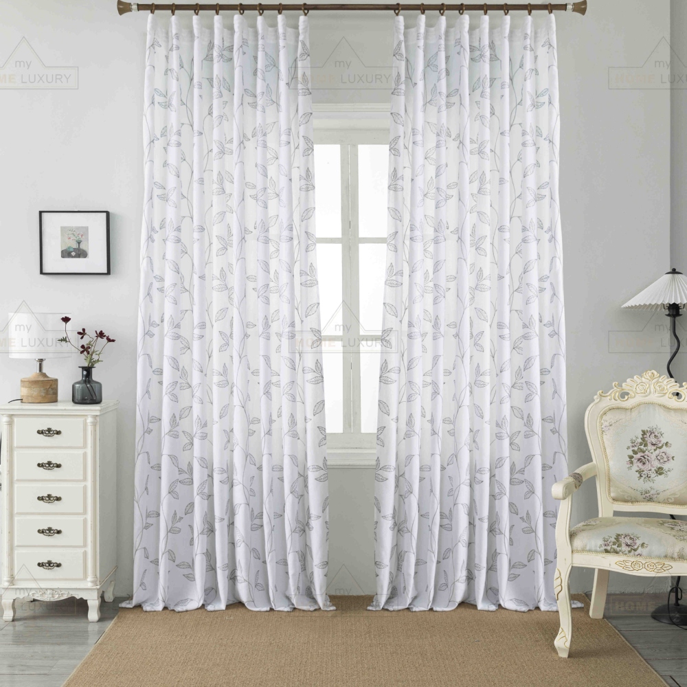 Κουρτίνα Leaves Λευκή με Γκρι Κέντημα Με Τρέσα 270x270cm 6020-3