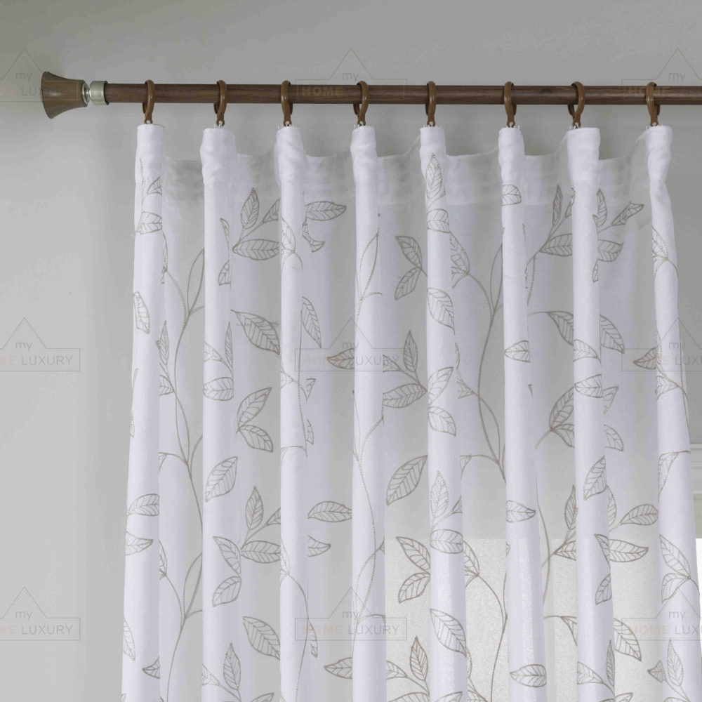 Κουρτίνα Leaves Λευκή με Μπεζ Κέντημα Με Τρέσα 270x270cm 6020-4 Κουρτίνα Leaves Λευκή με Μπεζ Κέντημα Με Τρέσα 270x270cm 6020-4