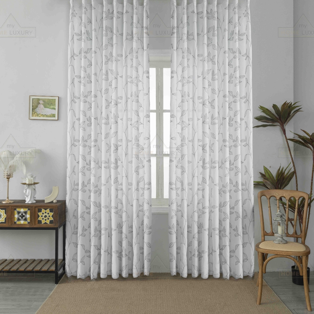 Κουρτίνα Leaves Λευκή με Σκούρο Γκρι Κέντημα Με Τρέσα 270x270cm 6020-5