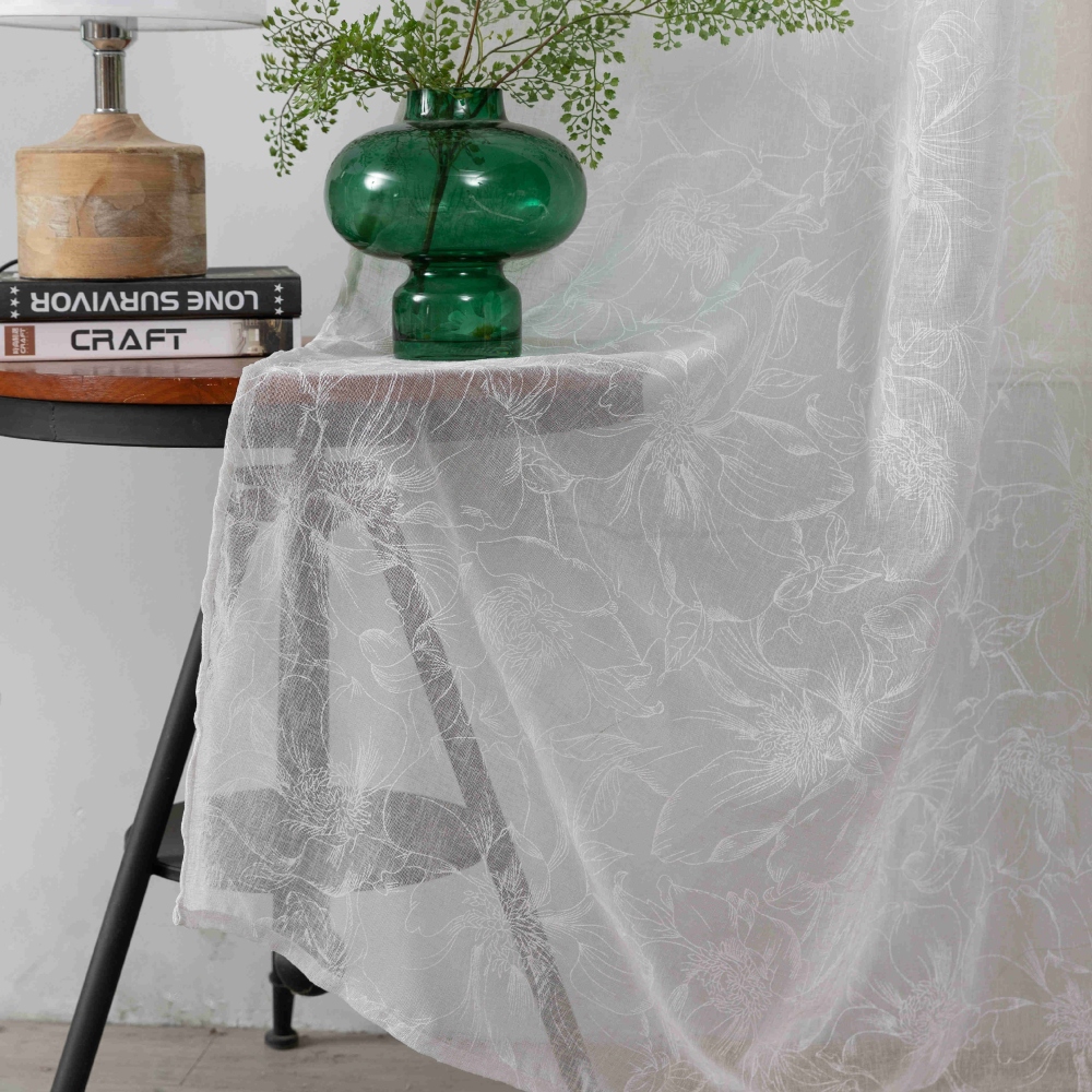 Κουρτίνα Λινή Με Λουλούδια Ημιδιάφανη Μπεζ Γκρι Με Τρέσα Υ300xΦ270cm 6041-14