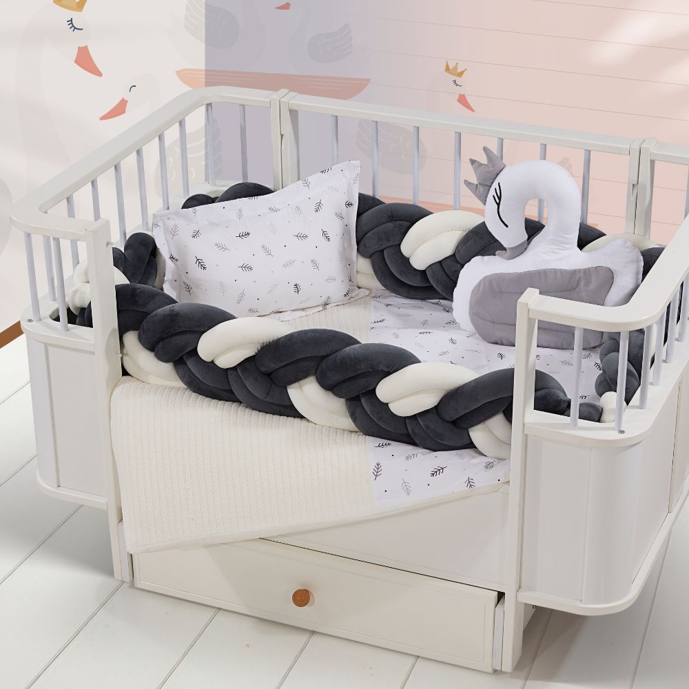 Βελούδινο Σετ Ύπνου 5 τεμάχια με Πλεξούδα Μαύρο - Λευκό