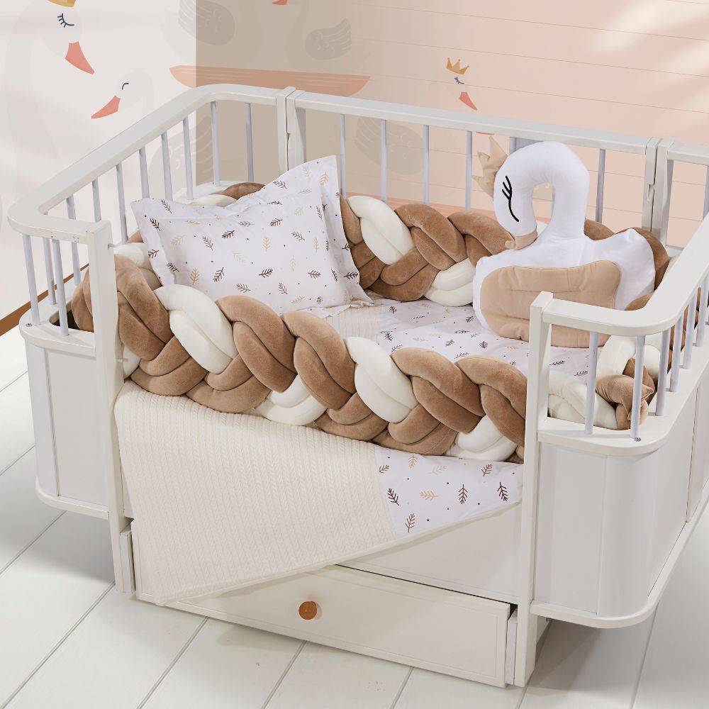 Βελούδινο Σετ Ύπνου 5 τεμάχια με Πλεξούδα Καφέ - Λευκό