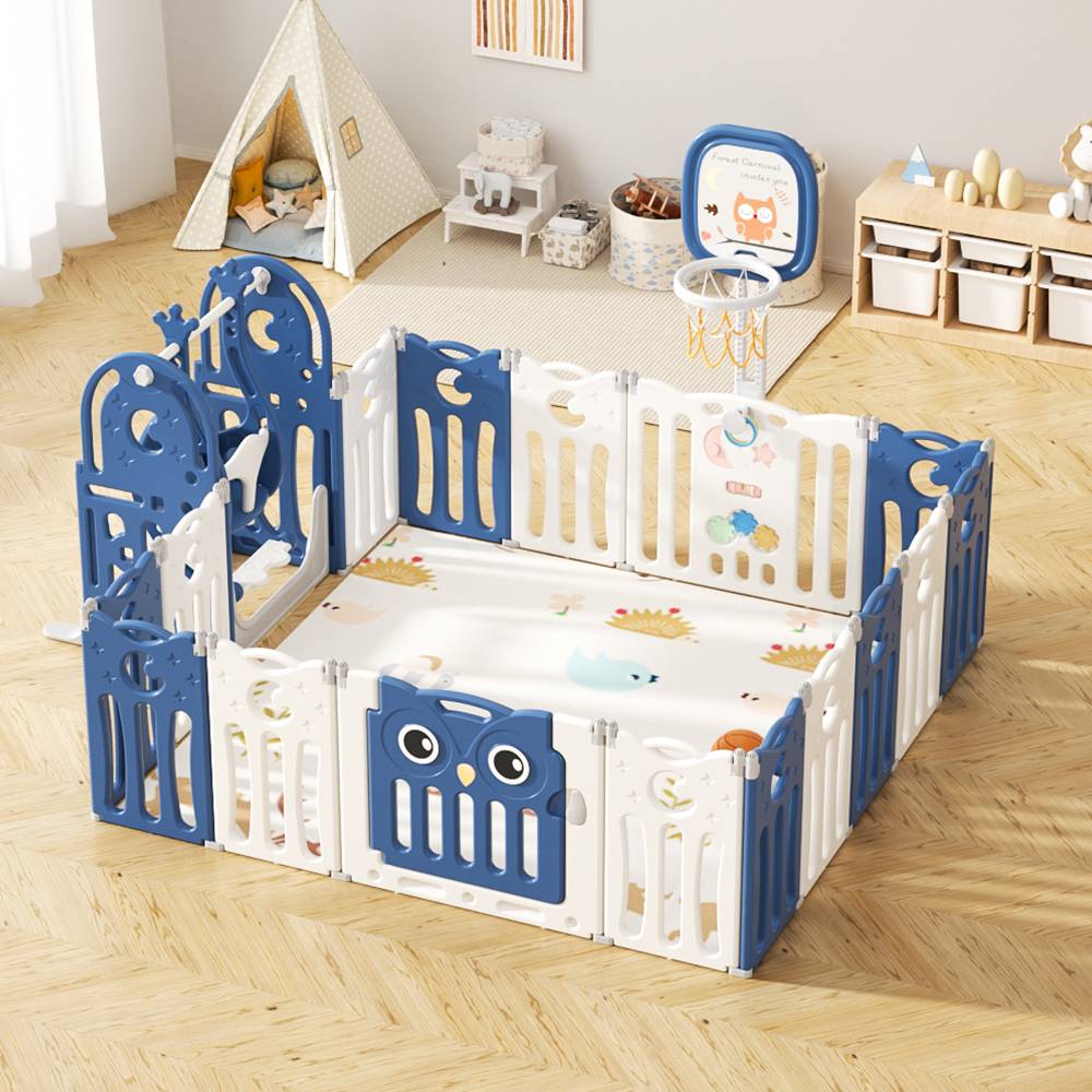 Σετ Παιδότοπου 179x179cm Πλαστικό Owl με Φράχτη  με κούνια, χαλάκι, τσουλήθρα και Μπασκέτα Μπλε ZH012-BLU