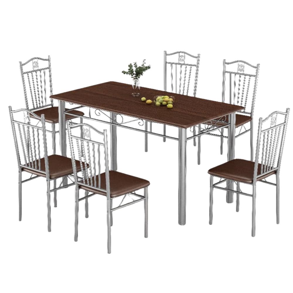 ΕΚΘΕΣΙΑΣΚΟ Σετ 7τμχ Τραπεζαρία Εσωτερικού Χώρου από MDF με PVC και Μεταλλικά Πόδια Καρυδιά 135x80x75cm