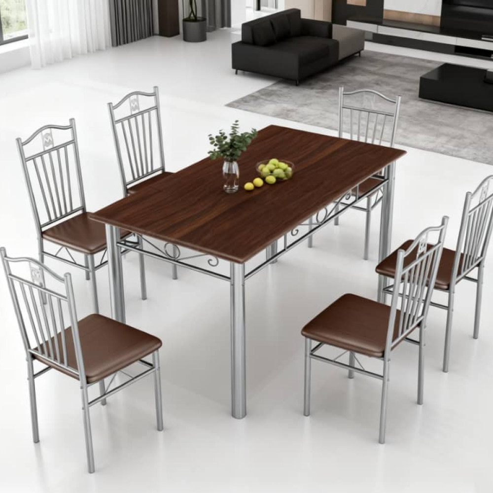 ΕΚΘΕΣΙΑΣΚΟ Σετ 7τμχ Τραπεζαρία Εσωτερικού Χώρου από MDF με PVC και Μεταλλικά Πόδια Καρυδιά 135x80x75cm