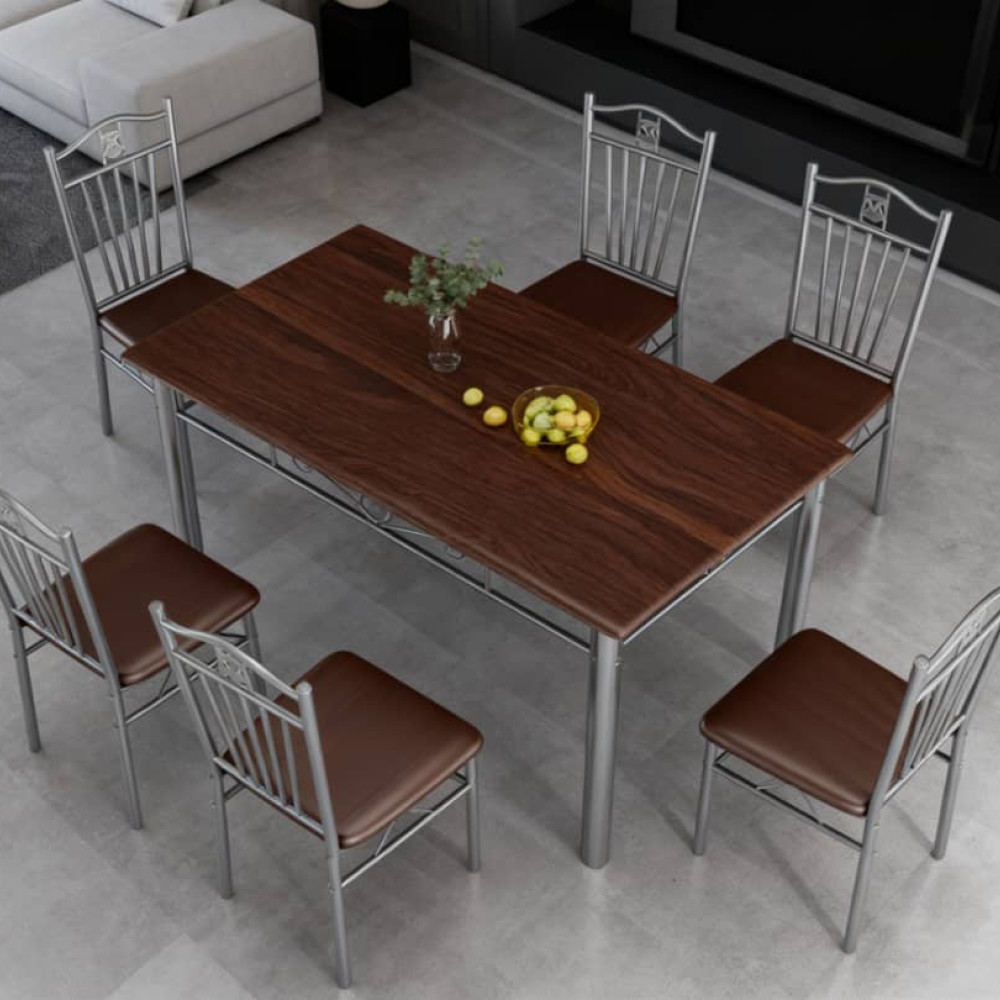 ΕΚΘΕΣΙΑΣΚΟ Σετ 7τμχ Τραπεζαρία Εσωτερικού Χώρου από MDF με PVC και Μεταλλικά Πόδια Καρυδιά 135x80x75cm