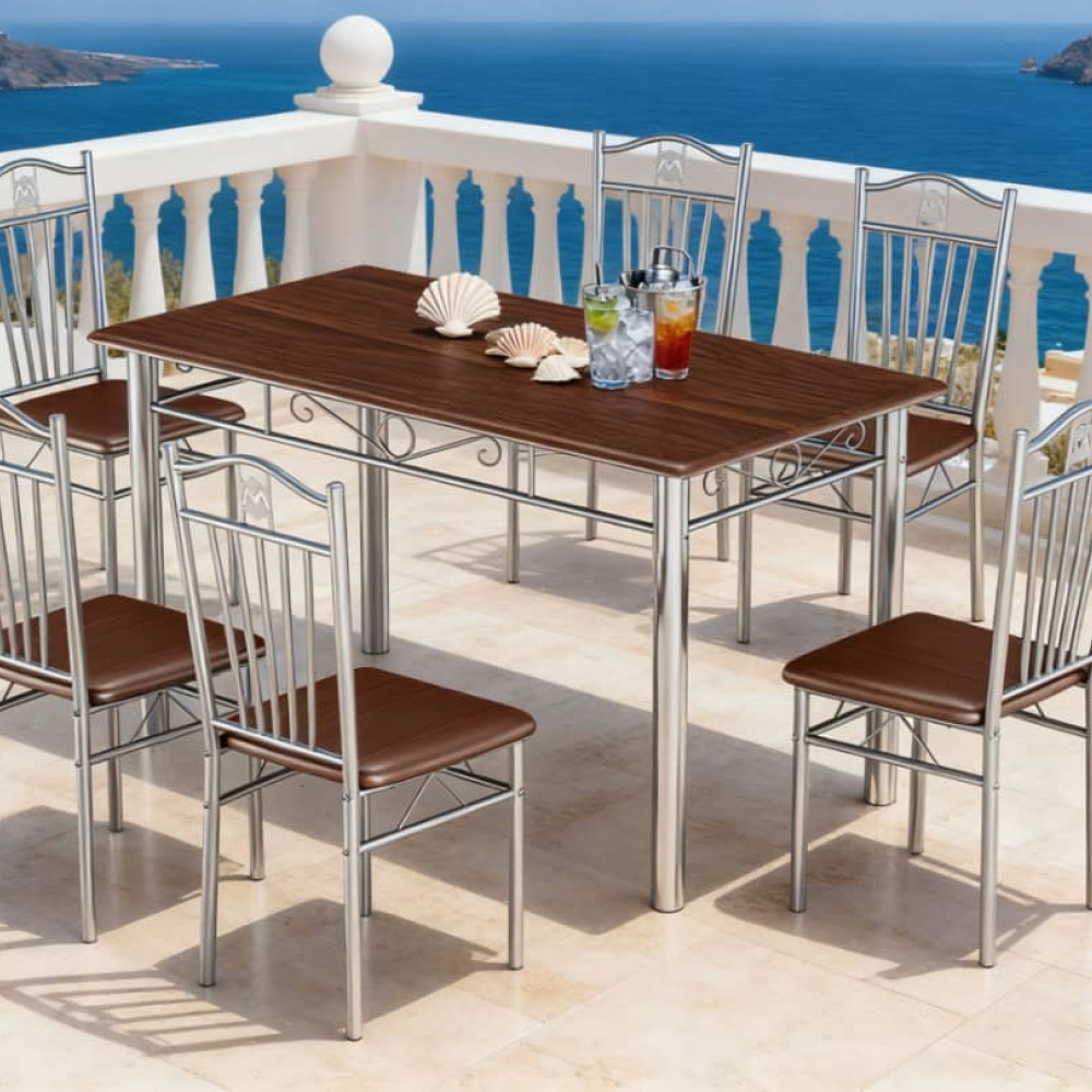 ΕΚΘΕΣΙΑΣΚΟ Σετ 7τμχ Τραπεζαρία Εσωτερικού Χώρου από MDF με PVC και Μεταλλικά Πόδια Καρυδιά 135x80x75cm