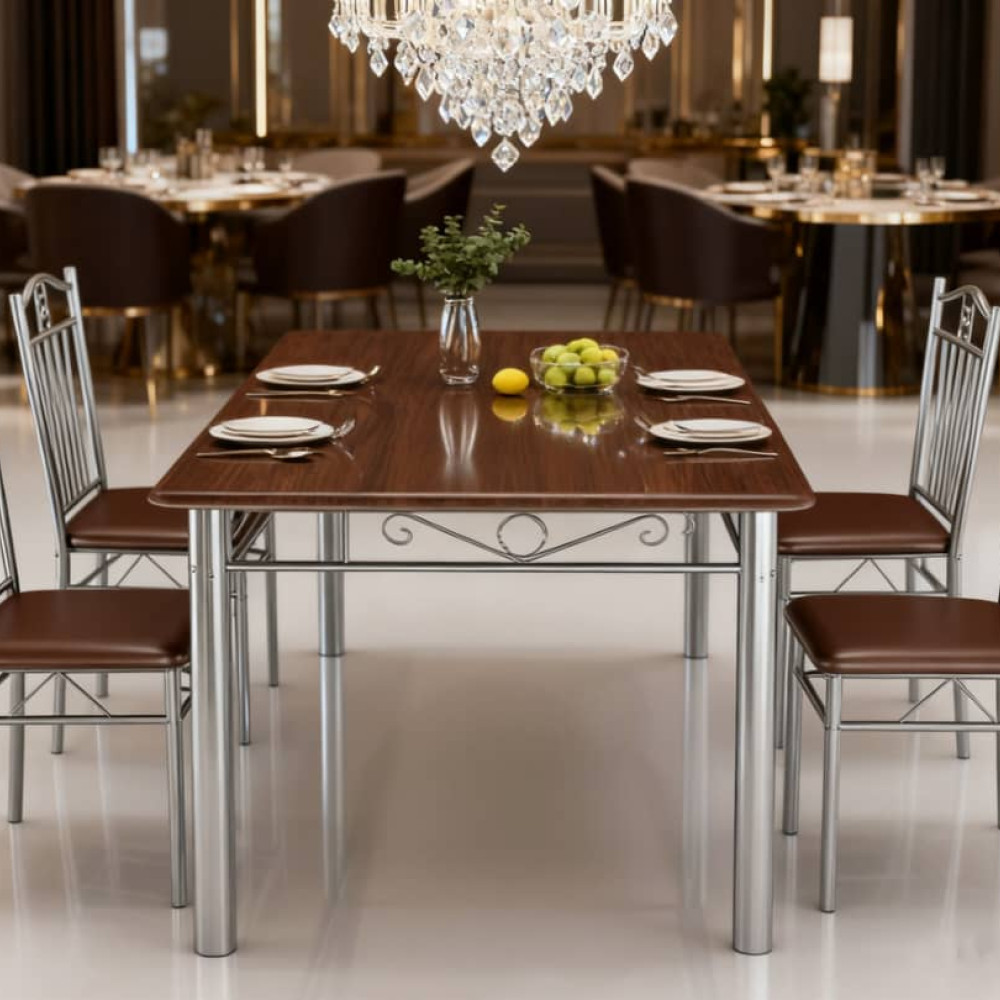 ΕΚΘΕΣΙΑΣΚΟ Σετ 7τμχ Τραπεζαρία Εσωτερικού Χώρου από MDF με PVC και Μεταλλικά Πόδια Καρυδιά 135x80x75cm