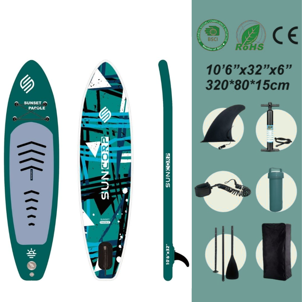 Φουσκωτή Σανίδα SUP 3.20m Πράσινη με σχέδιο, Κουπί, Αξεσουάρ και Σακίδιο Μεταφοράς