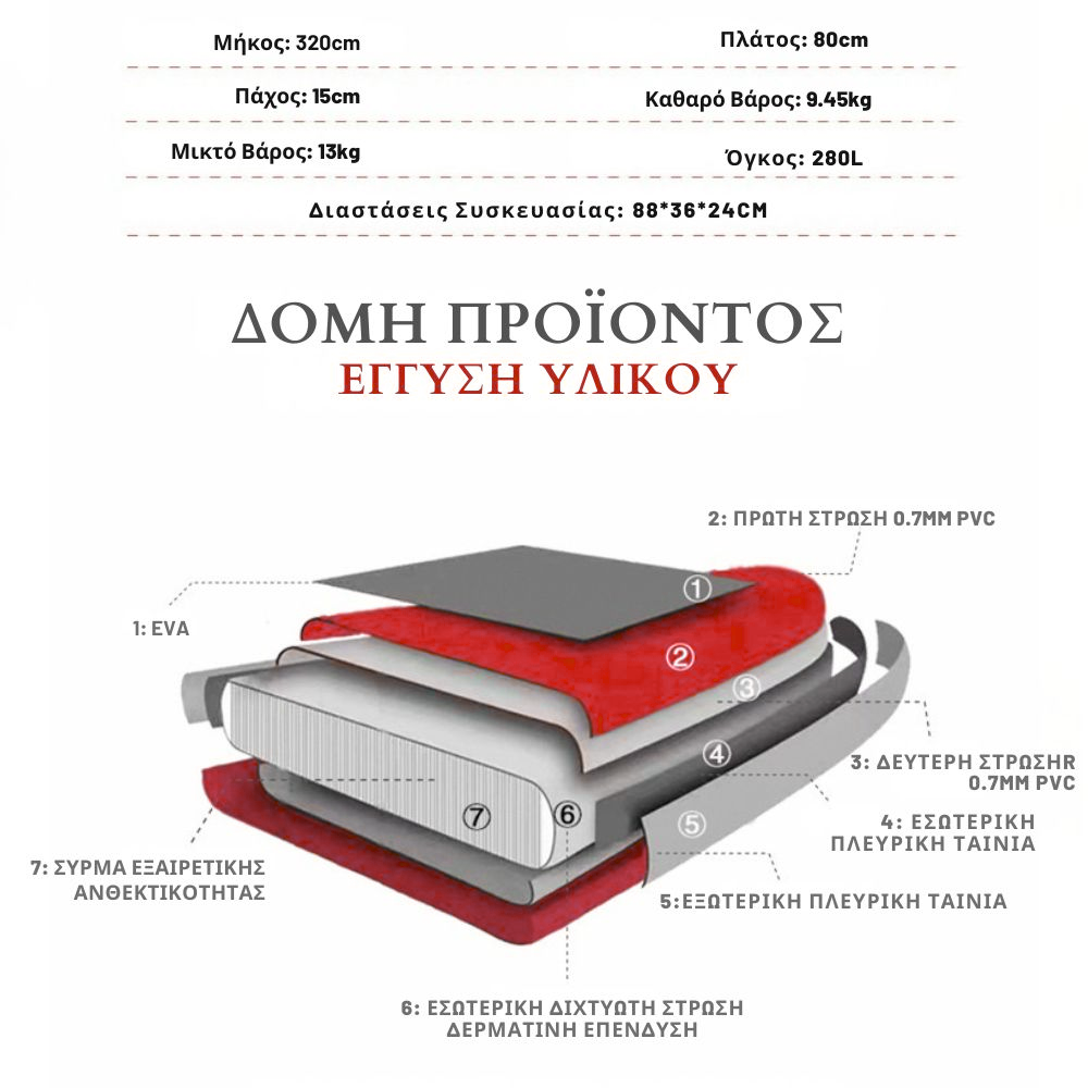 Φουσκωτή Σανίδα SUP 3.20m Κόκκινη με σχέδιο Δράκο με Κουπί, Αξεσουάρ και Σακίδιο Μεταφοράς