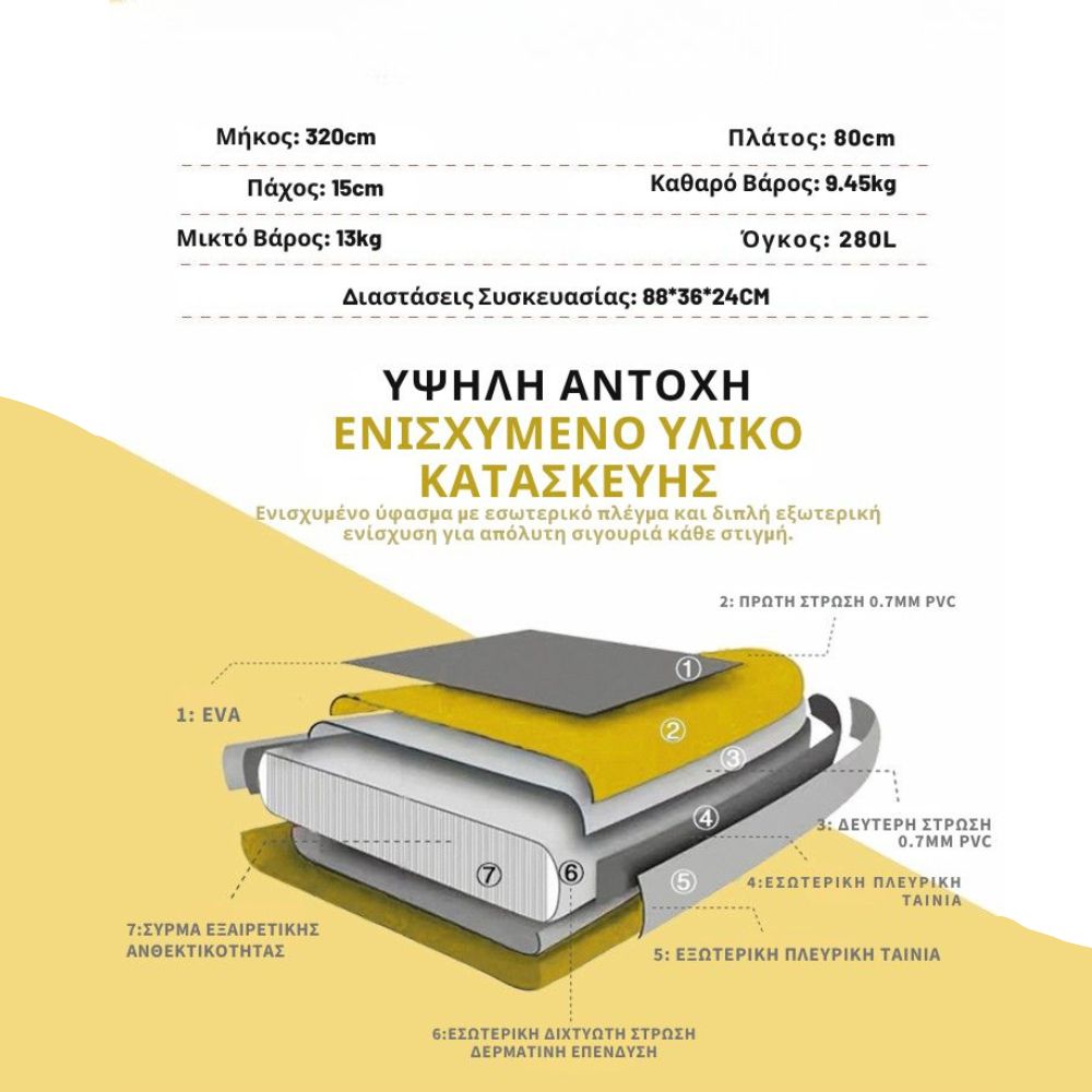 Φουσκωτή Σανίδα SUP 3.20m Κίτρινη με Κουπί, Αξεσουάρ και Σακίδιο Μεταφοράς