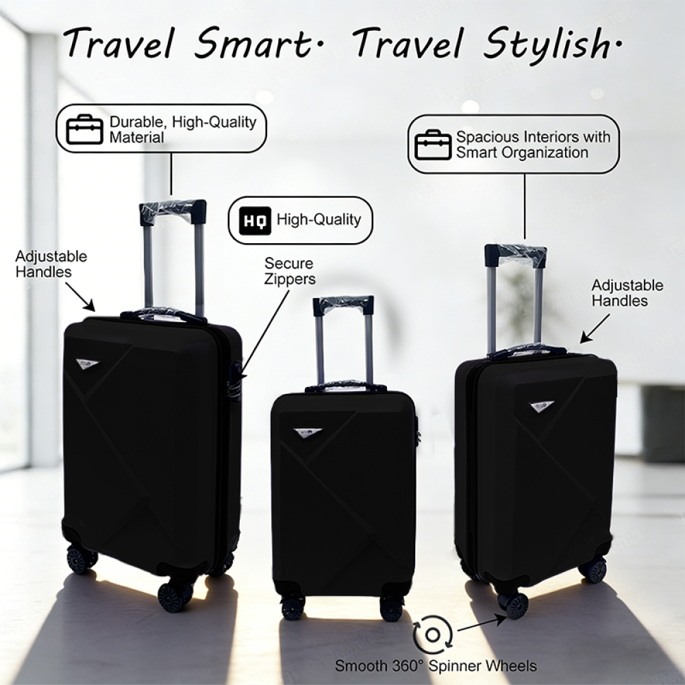 Σετ Βαλίτσες Ταξιδίου 3 Τεμαχίων από Ανθεκτικό ABS – Με Κλειδαριές TSA & Ρόδες 360° (20'' 24'' 28'') Μαύρη 6005-BLACK