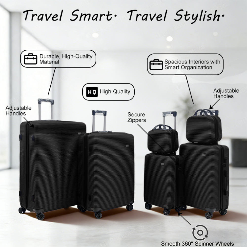 Σετ Βαλίτσες Ταξιδίου 6 Τεμαχίων από Ανθεκτικό ABS – Με Κλειδαριές TSA & Ρόδες 360° (12'' 16'' 20'' 24'' 28'' 32'') Μαύρο 3008-BLACK