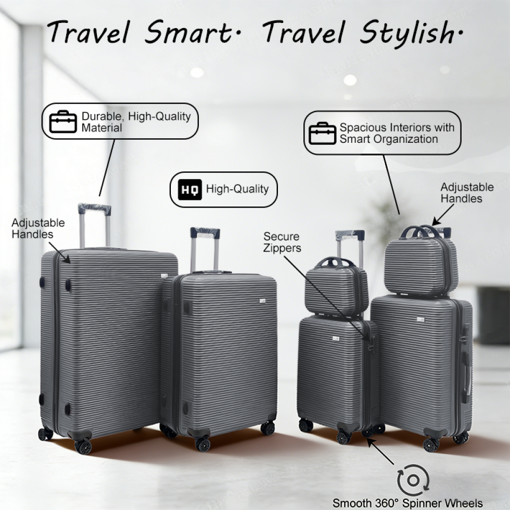 Σετ Βαλίτσες Ταξιδίου 6 Τεμαχίων από Ανθεκτικό ABS – Με Κλειδαριές TSA & Ρόδες 360° (12'' 16'' 20'' 24'' 28'' 32'') Ανοιχτό Γκρι 3008-GREY