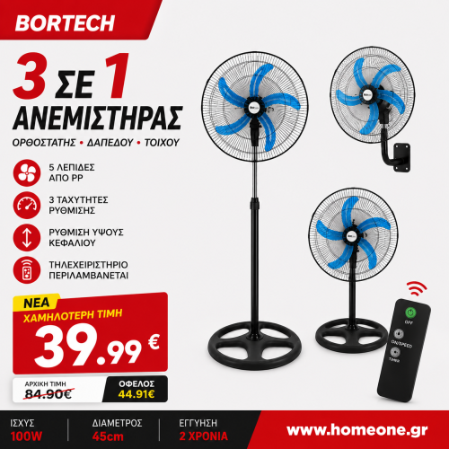 BORTECH 3 σε 1 Ανεμιστήρας ορθοστάτης δαπέδου 100W με διάμετρο 45cm 5 λεπίδες τηλεχειριστήριο FS45-1