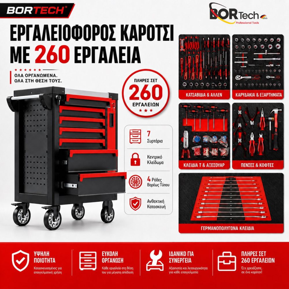 BORTECH Επαγγελματικός Εργαλειοφόρος 7 Συρταριών με 260 Εργαλεία, Κεντρικό Κλείδωμα & Ρόδες Βαρέως Τύπου Κόκκινο BORTECH Επαγγελματικός Εργαλειοφόρος 7 Συρταριών με 260 Εργαλεία, Κεντρικό Κλείδωμα & Ρόδες Βαρέως Τύπου Κόκκινο