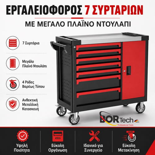 BORTECH Τροχήλατος Εργαλειοφόρος 7 Συρταριών με Πλαϊνό Ντουλάπι & 4 Ρόδες Βαρέως Τύπου