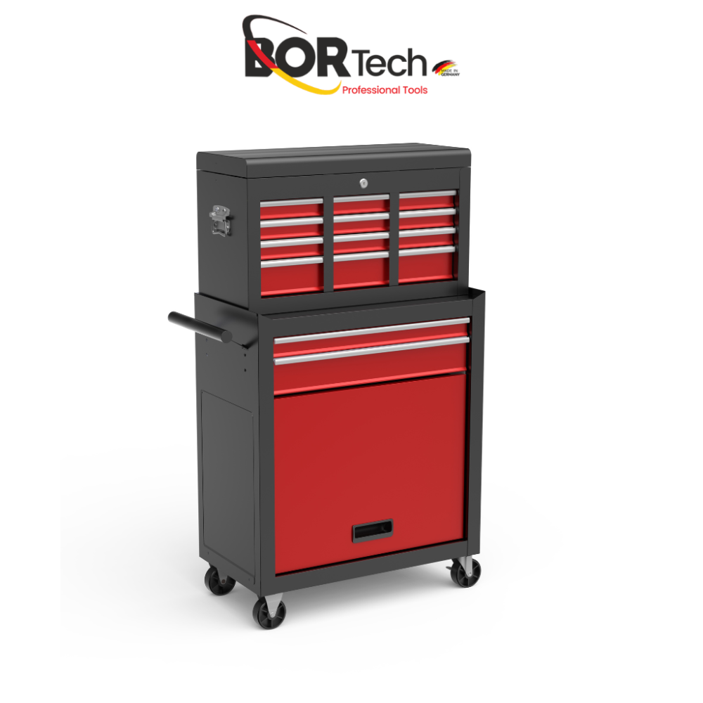 BORTECH Τροχήλατος Εργαλειοφόρος 2 σε 1 με Αφαιρούμενη Άνω Εργαλειοθήκη, 8 Συρτάρια, Κάτω Ντουλάπι & Ρόδες