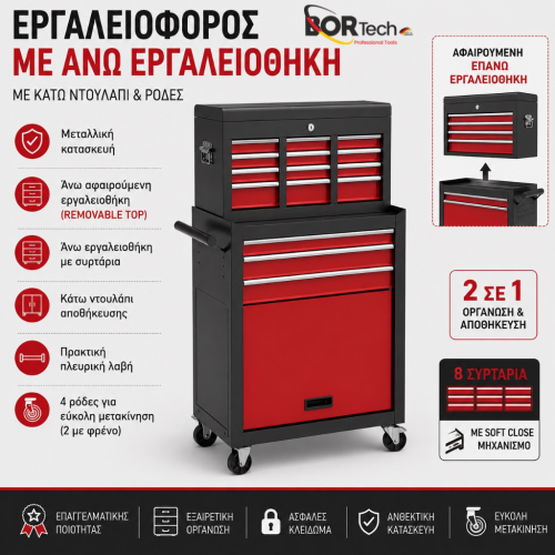 BORTECH Τροχήλατος Εργαλειοφόρος 2 σε 1 με Αφαιρούμενη Άνω Εργαλειοθήκη, 8 Συρτάρια, Κάτω Ντουλάπι & Ρόδες