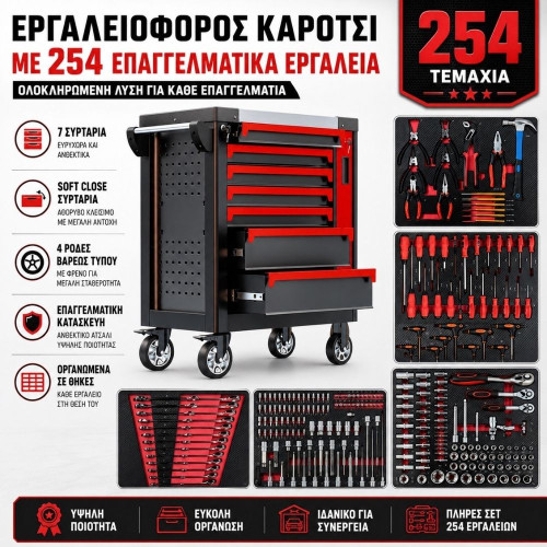 BORTECH Επαγγελματικός Εργαλειοφόρος 7 Συρταριών με 260 Εργαλεία, Κεντρικό Κλείδωμα Soft Close & Ρόδες Βαρέως Τύπου Μπλέ