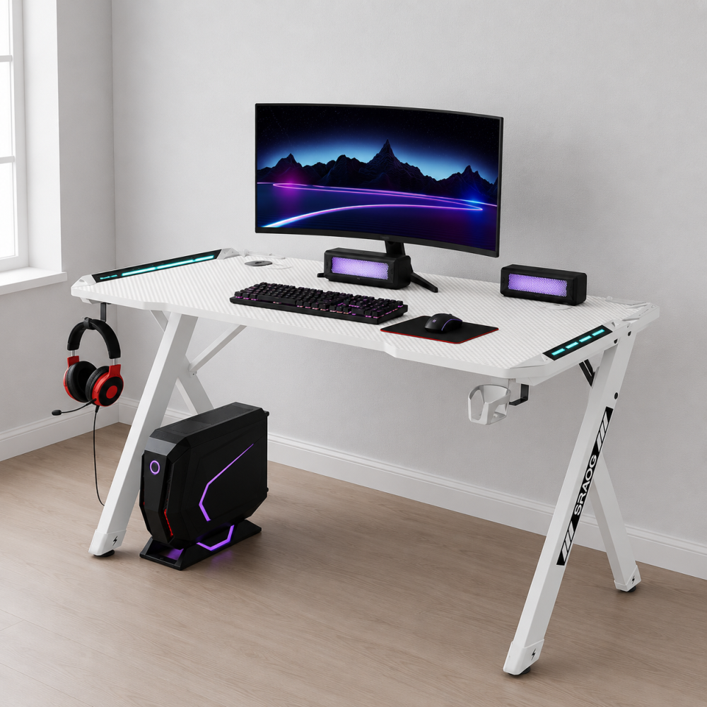 Γραφείο Gaming – RGB Φωτισμός & Carbon Fiber Design Λευκό 140×60×74cm D2107-WHITE
