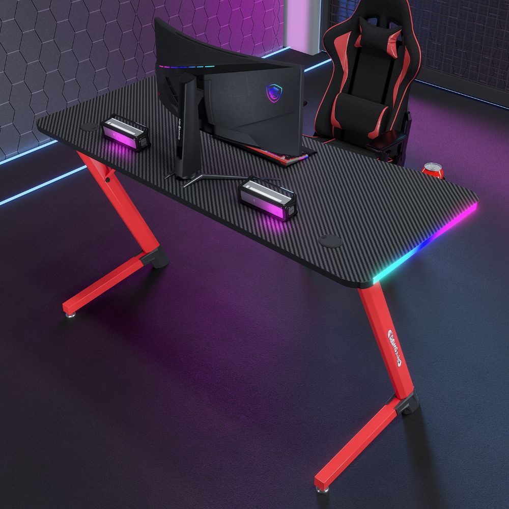 Γραφείο Gaming με φωτισμό RGB, υφή ανθρακονήματος και μεταλλικό σκελετό Μαύρο - Κόκκινο 140x60x74cm D2209-RED