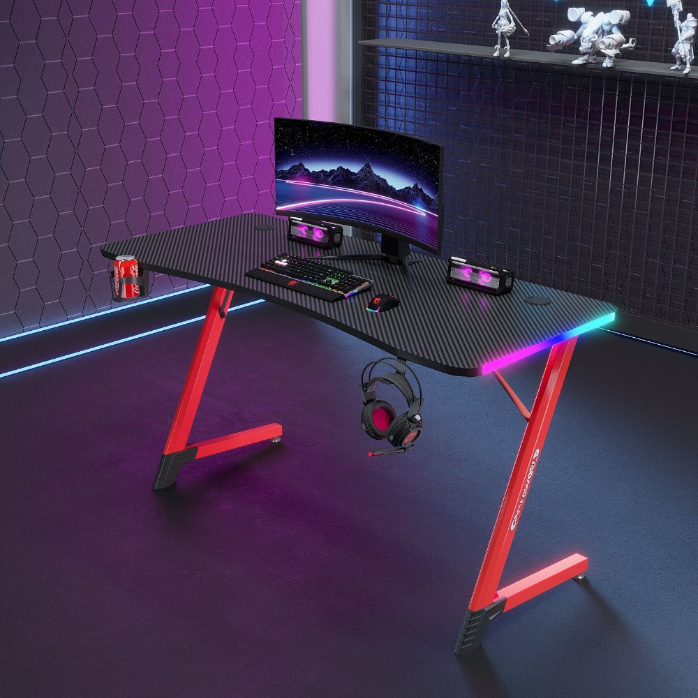 Γραφείο Gaming με φωτισμό RGB, υφή ανθρακονήματος και μεταλλικό σκελετό Μαύρο - Κόκκινο 140x60x74cm D2209-RED