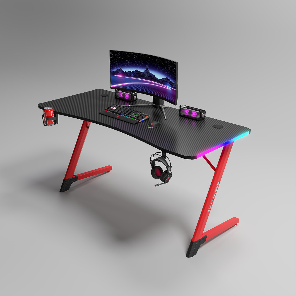 Γραφείο Gaming με φωτισμό RGB, υφή ανθρακονήματος και μεταλλικό σκελετό Μαύρο - Κόκκινο 140x60x74cm D2209-RED