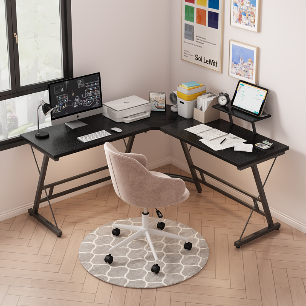 Μοντέρνο Γωνιακό Γραφείο, με Μαύρη Ξύλινη Επιφάνεια, Μεταλλικός Σκελετός 129x129x46x74 cm V31