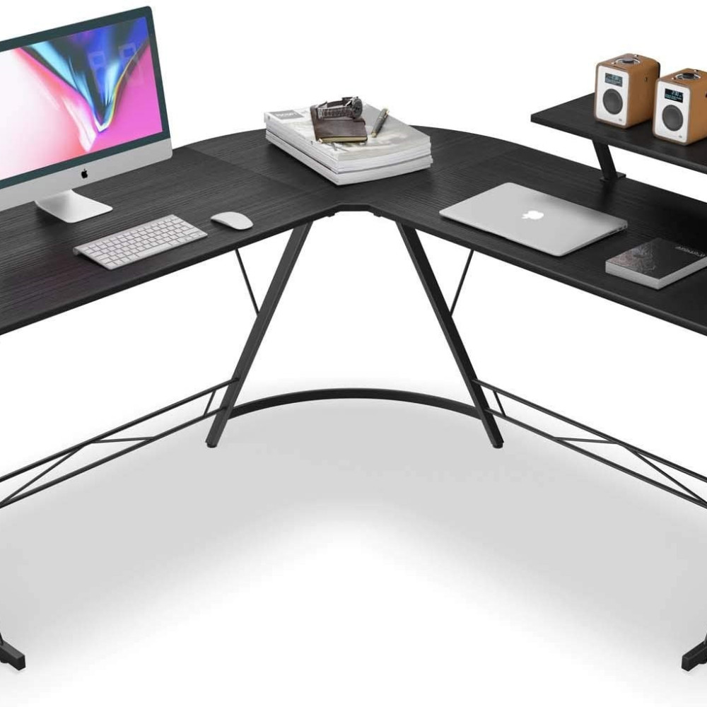 Μοντέρνο Γωνιακό Γραφείο, με Μαύρη Ξύλινη Επιφάνεια, Μεταλλικός Σκελετός 129x129x46x74 cm V31