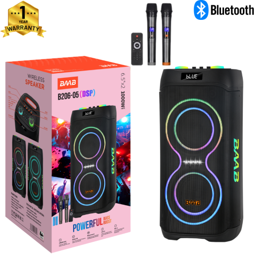 Επαναφορτιζόμενο Ηχείο Karaoke B206-05 60W DSP με 2×6,5″, Bluetooth, RGB LED, TWS & 2 Ασύρματα Μικρόφωνα