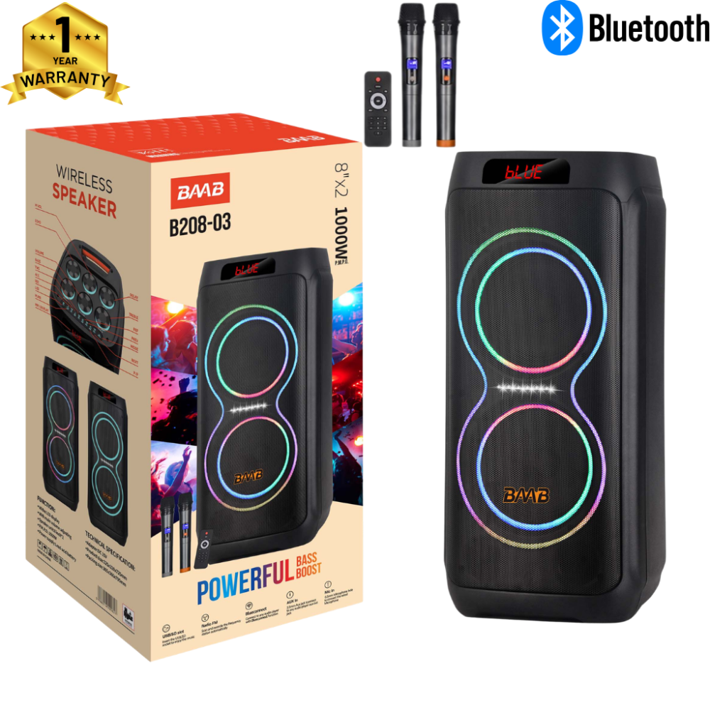 Επαναφορτιζόμενο Ηχείο Karaoke B208-03 60W με 2×8″, Bluetooth, RGB LED, TWS & 2 Ασύρματα Μικρόφωνα
