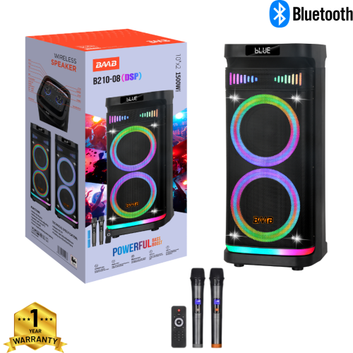 Επαναφορτιζόμενο Ηχείο Karaoke B210-08 60W DSP με 2×10″, Bluetooth, RGB LED, TWS & 2 Ασύρματα Μικρόφωνα