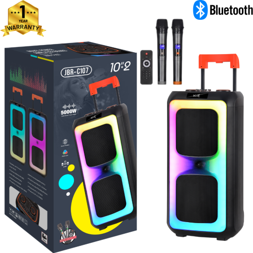 Επαναφορτιζόμενο Ηχείο Karaoke JBR-C107 60W με 2×10″, Bluetooth, RGB LED, TWS, Τηλεσκοπική Λαβή & 2 Ασύρματα Μικρόφωνα