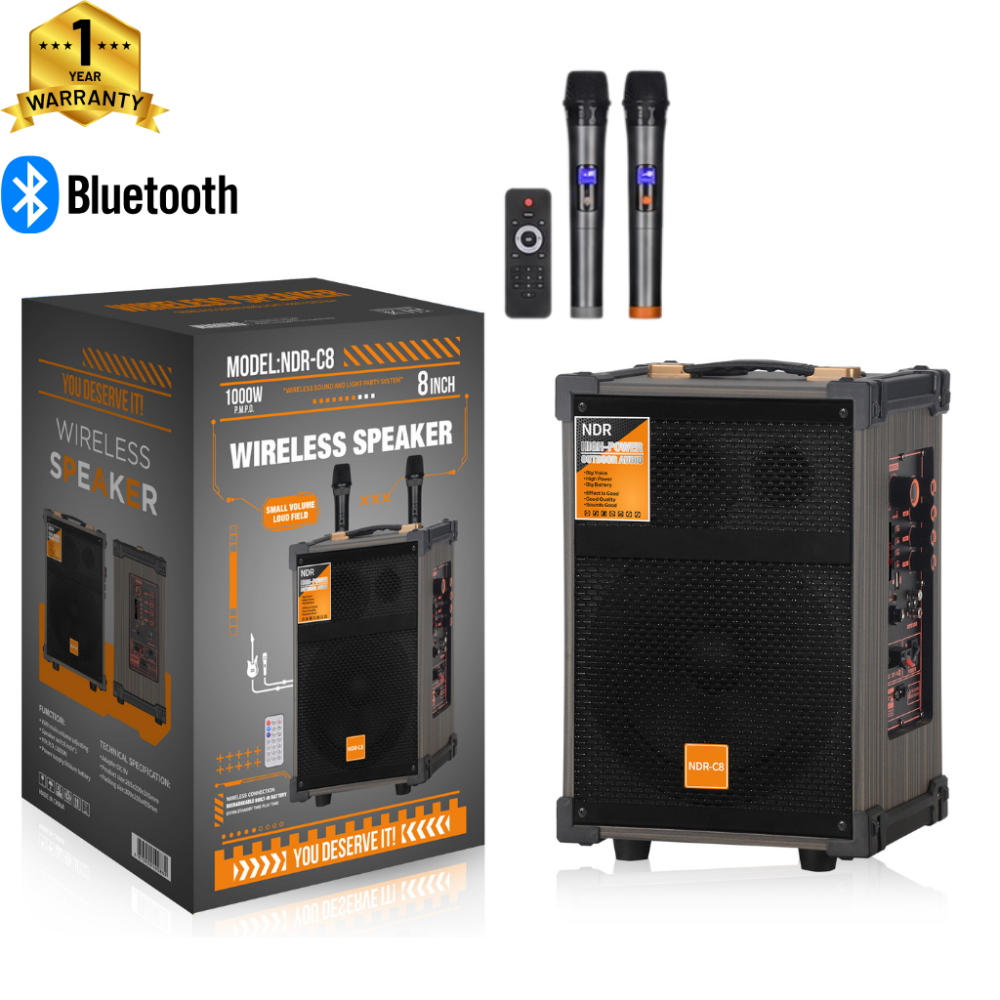 Επαναφορτιζόμενο Φορητό Ηχείο Karaoke NDR-C8 40W με Ηχεία 8″ & 3″, Bluetooth, USB/TF, FM, TWS, LED & 2 Μικρόφωνα