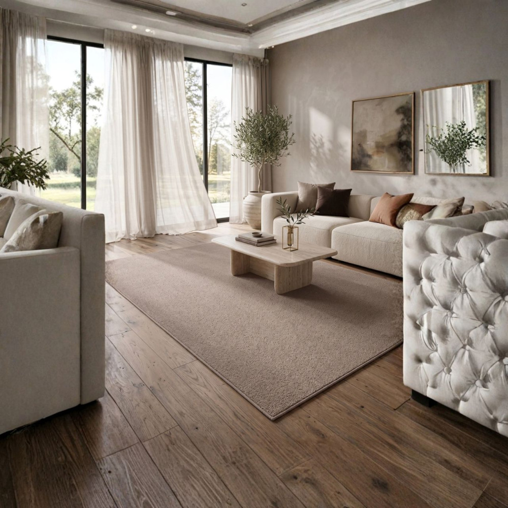Μοκέτα σαλονιού Persian nescafe 200x300 σε μοντέρνο σαλόνι με λευκούς καναπέδες